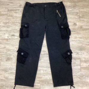 Men’s Black Utilitarian Khaki Cargo Pants Gartered Waistband Velvety Pockets